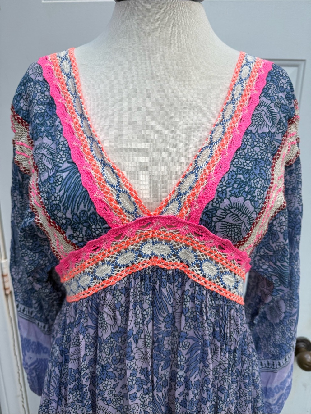 Bohemian Floral Midi Dress with Vibrant Crochet Trim